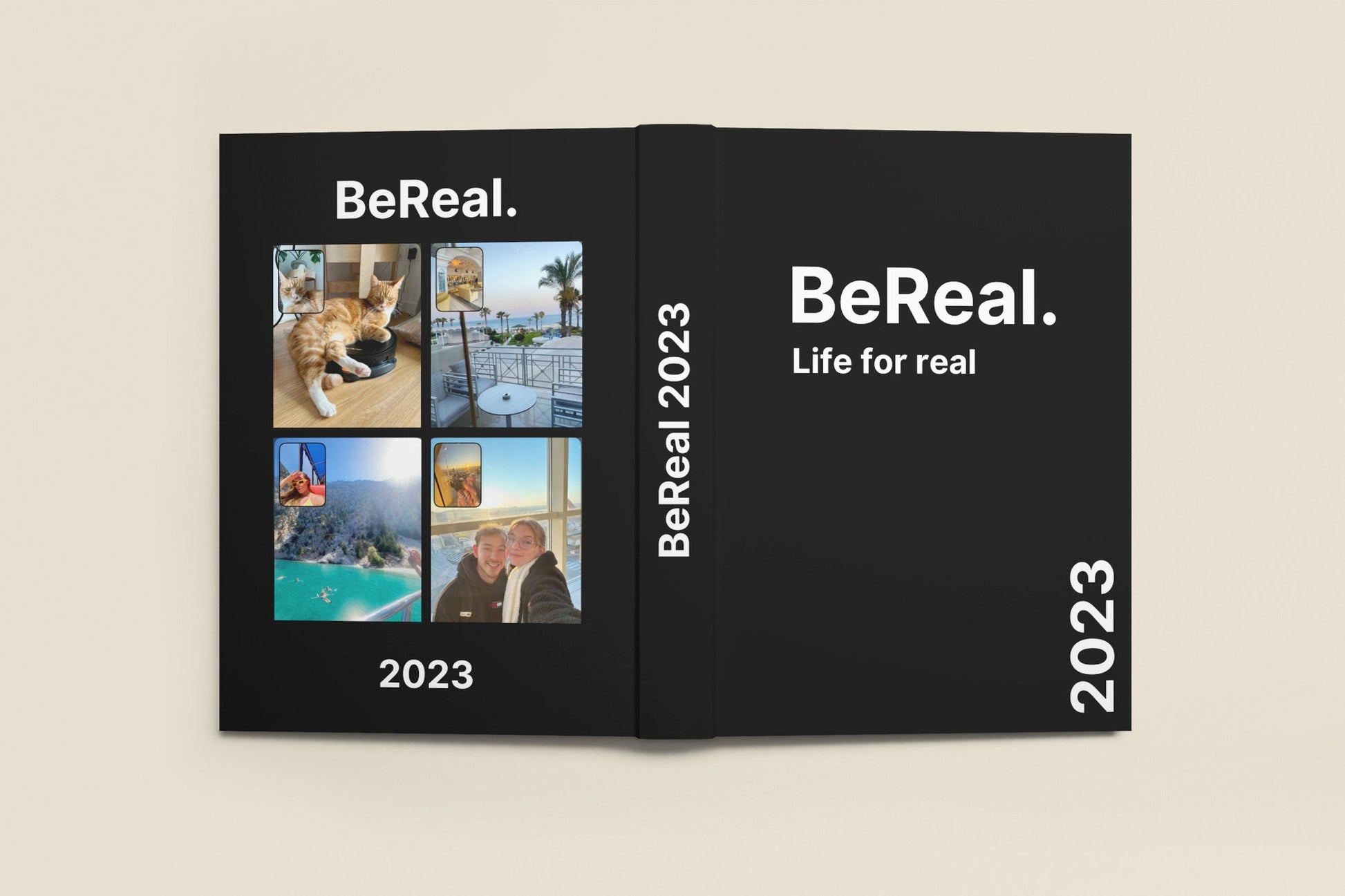 BeReal modĂšle album photo. French & English version. Template de livre photo BeReal Ă  personnaliser sur Canva.