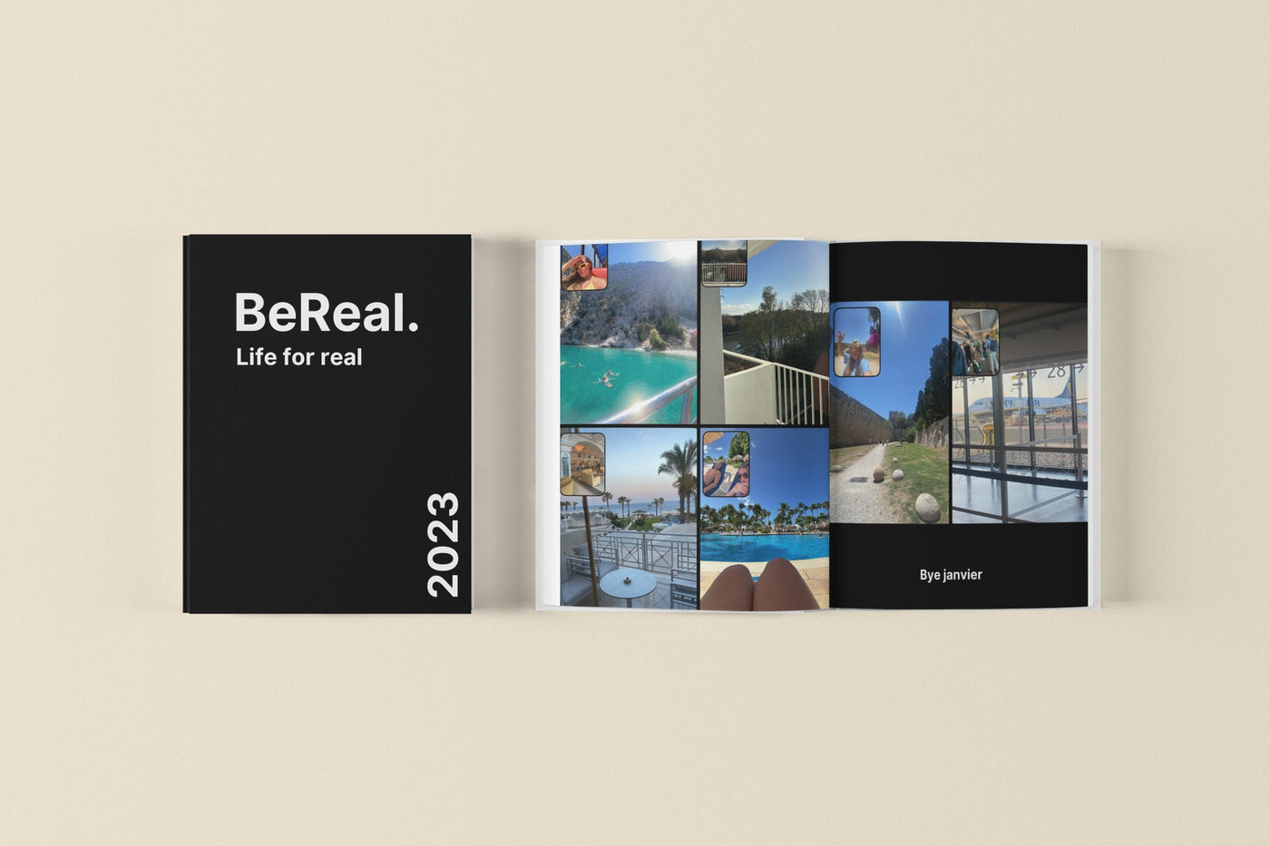 BeReal modèle album photo. French & English version. Template de livre photo BeReal à personnaliser sur Canva.