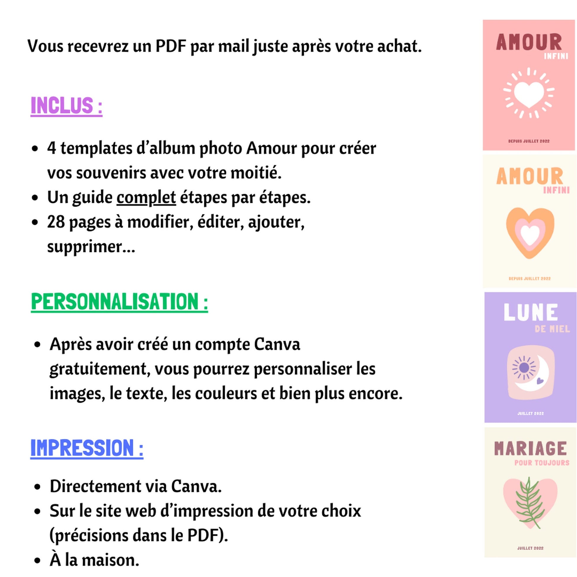 Amour modèle album photo. Livre photo couple template à personnaliser sur Canva. Photobook love