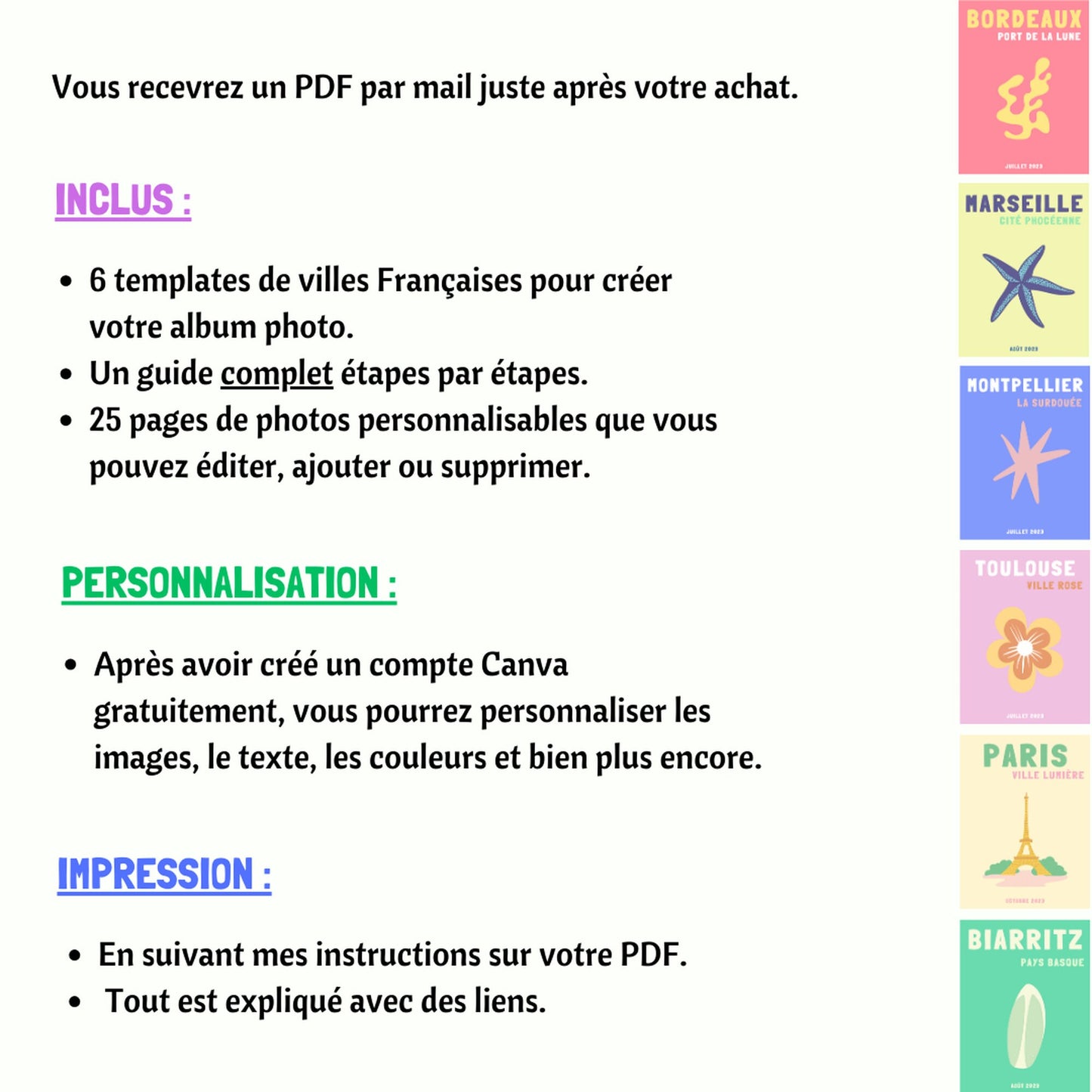 6 ModÚles de Livre Photo Imprimé France. Photobook de voyage personnalisable. Book de voyage à imprimer, livre déco, modÚle Canva