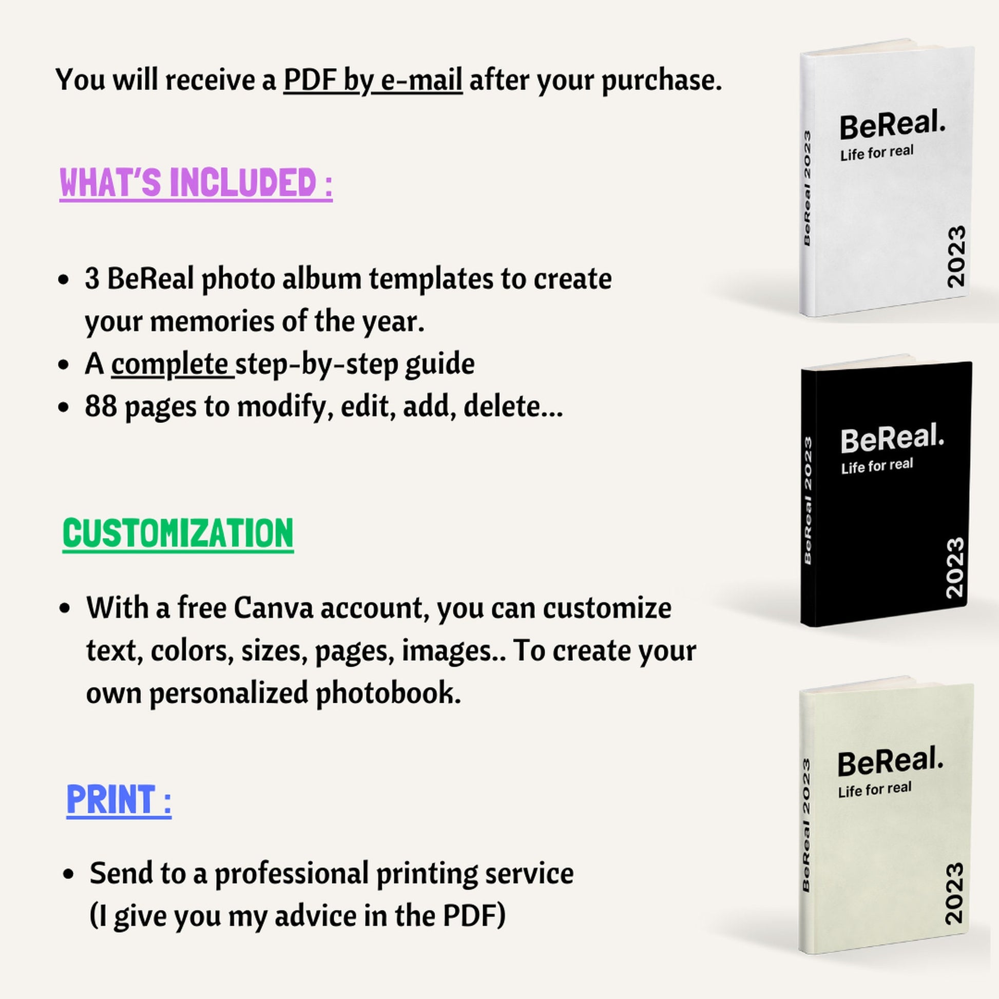 BeReal modĂšle album photo. French & English version. Template de livre photo BeReal Ă  personnaliser sur Canva.