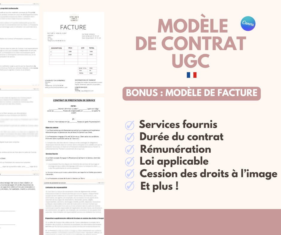Modèle de contrat UGC français | Contrat français | Modèle d'avocat de contrat UGC d'influenceur français Facture | Créateur contenu tiktok