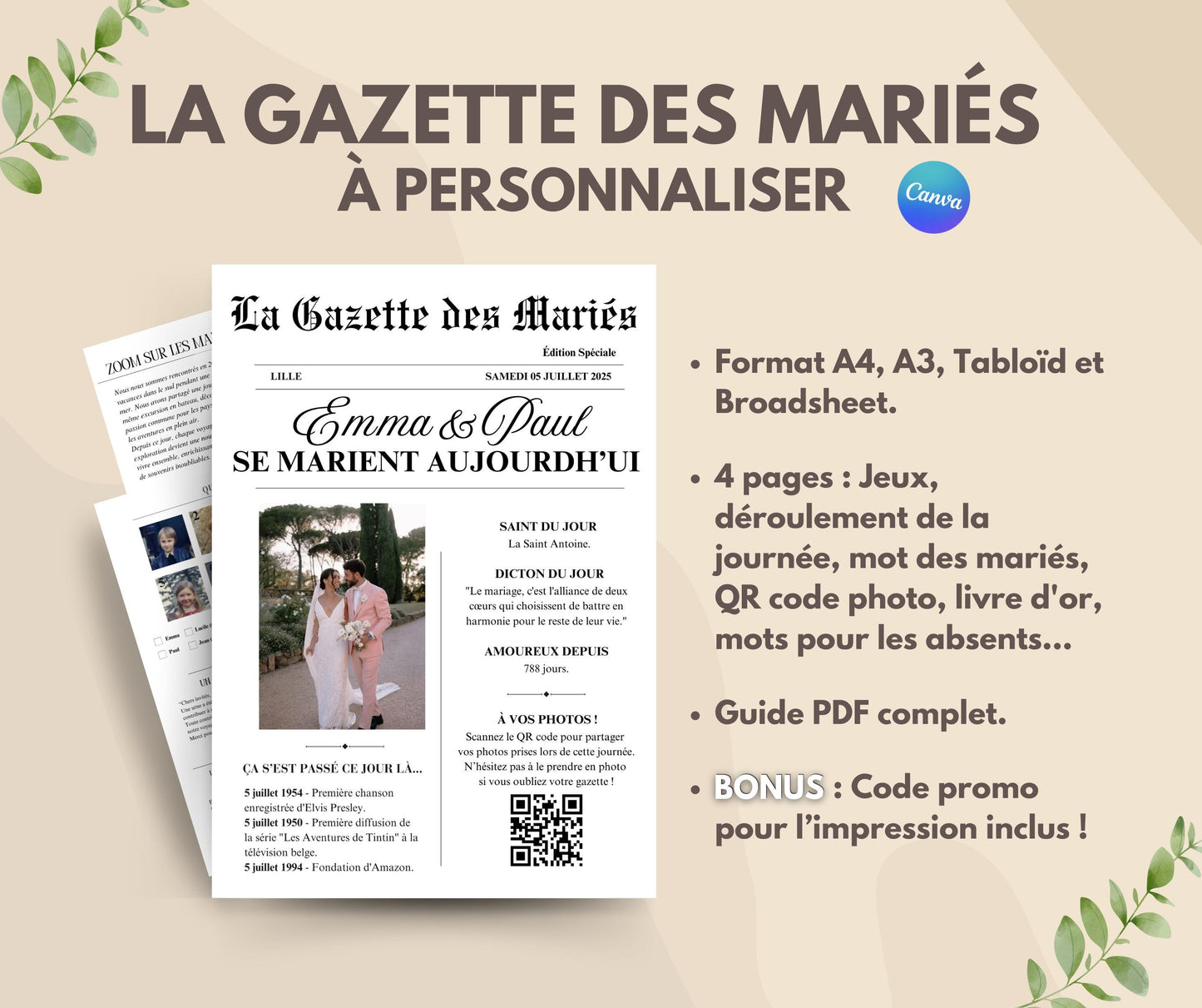 La Gazette des Mariés Modèle Faire Part Mariage Template Canva Invitation Personnalisable Mariage Journal Mariage Modèle, newspaper