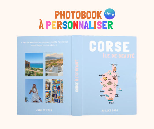 Modèle de Livre album Photo Corse Imprimé. Photobook de voyage personnalisable Canva. Décoration Maison Personnalisé.