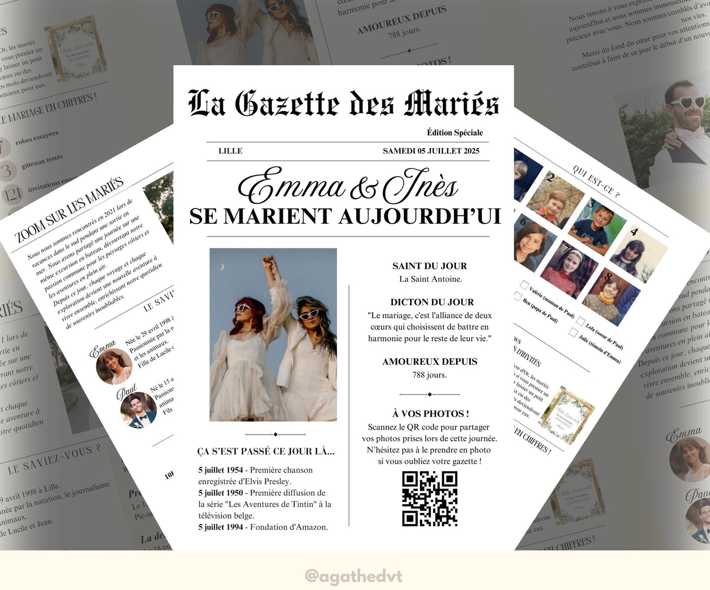 La Gazette des Mariés Modèle Faire Part Mariage Template Canva Invitation Personnalisable Mariage Journal Mariage Modèle, newspaper