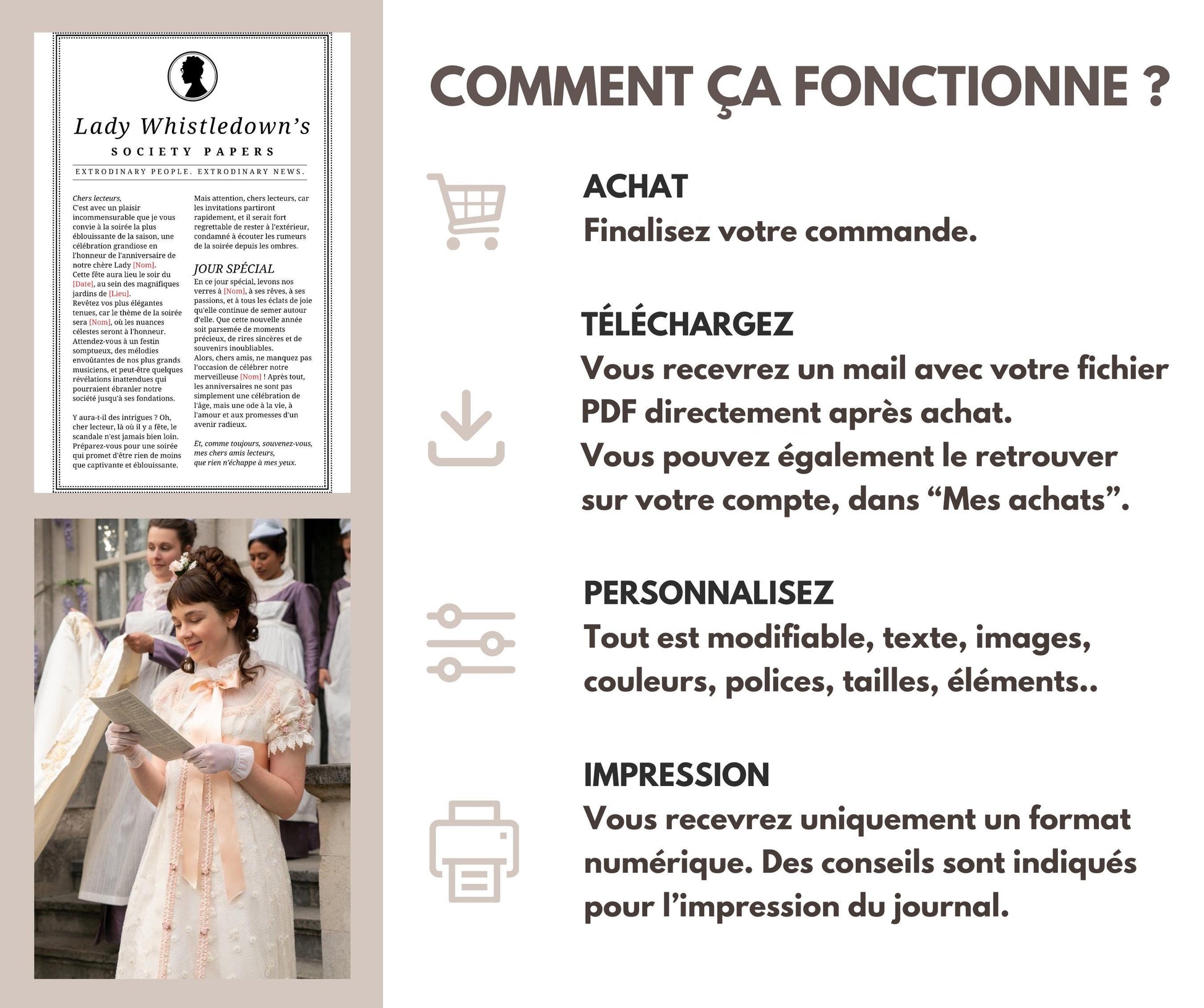 Modèle de journal Lady Whistledown, template, journal d'anniversaire numérique, bestie society, Dearest Gentle Reader, cadeau Bridgerton