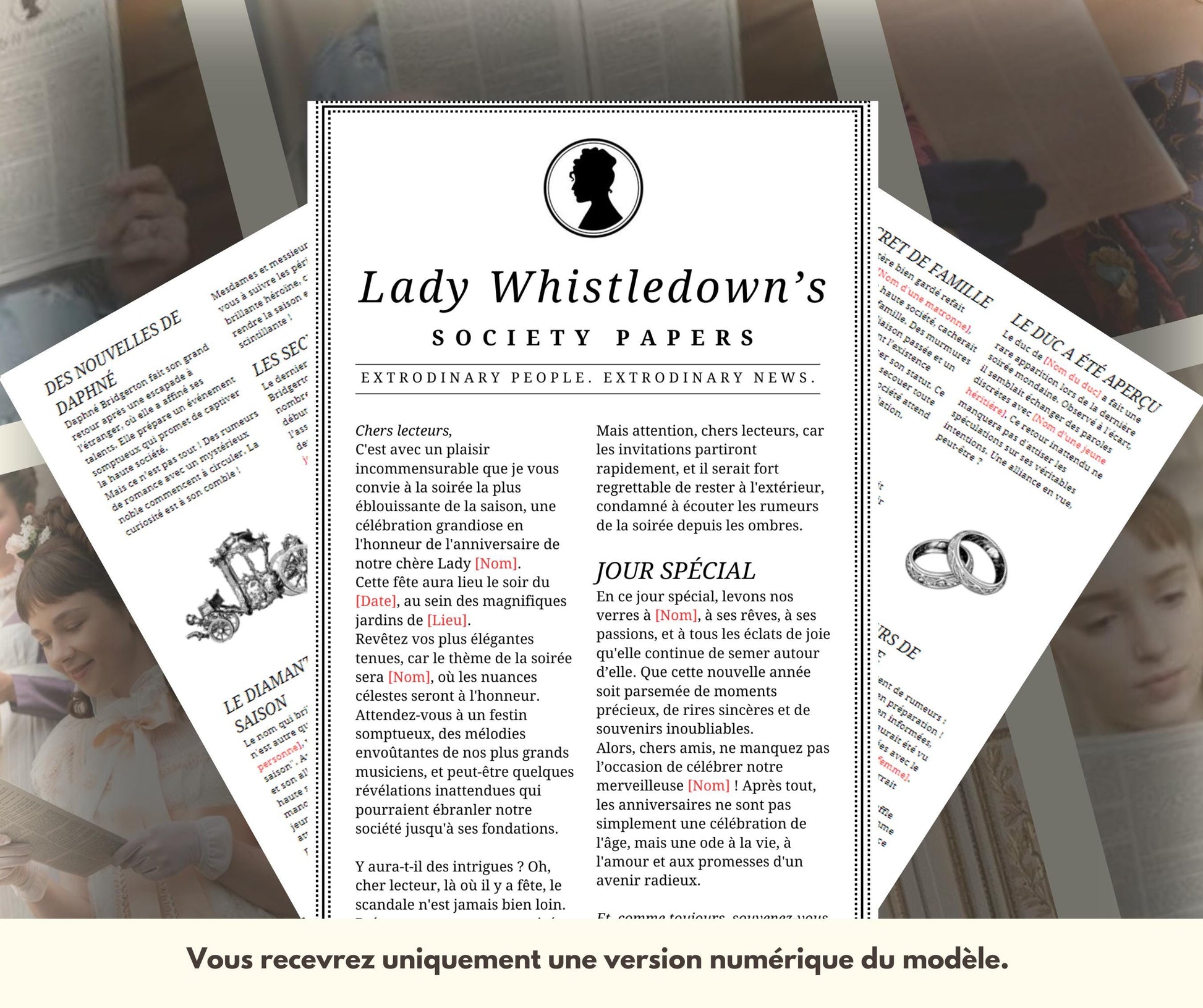 Modèle de journal Lady Whistledown, template, journal d'anniversaire numérique, bestie society, Dearest Gentle Reader, cadeau Bridgerton