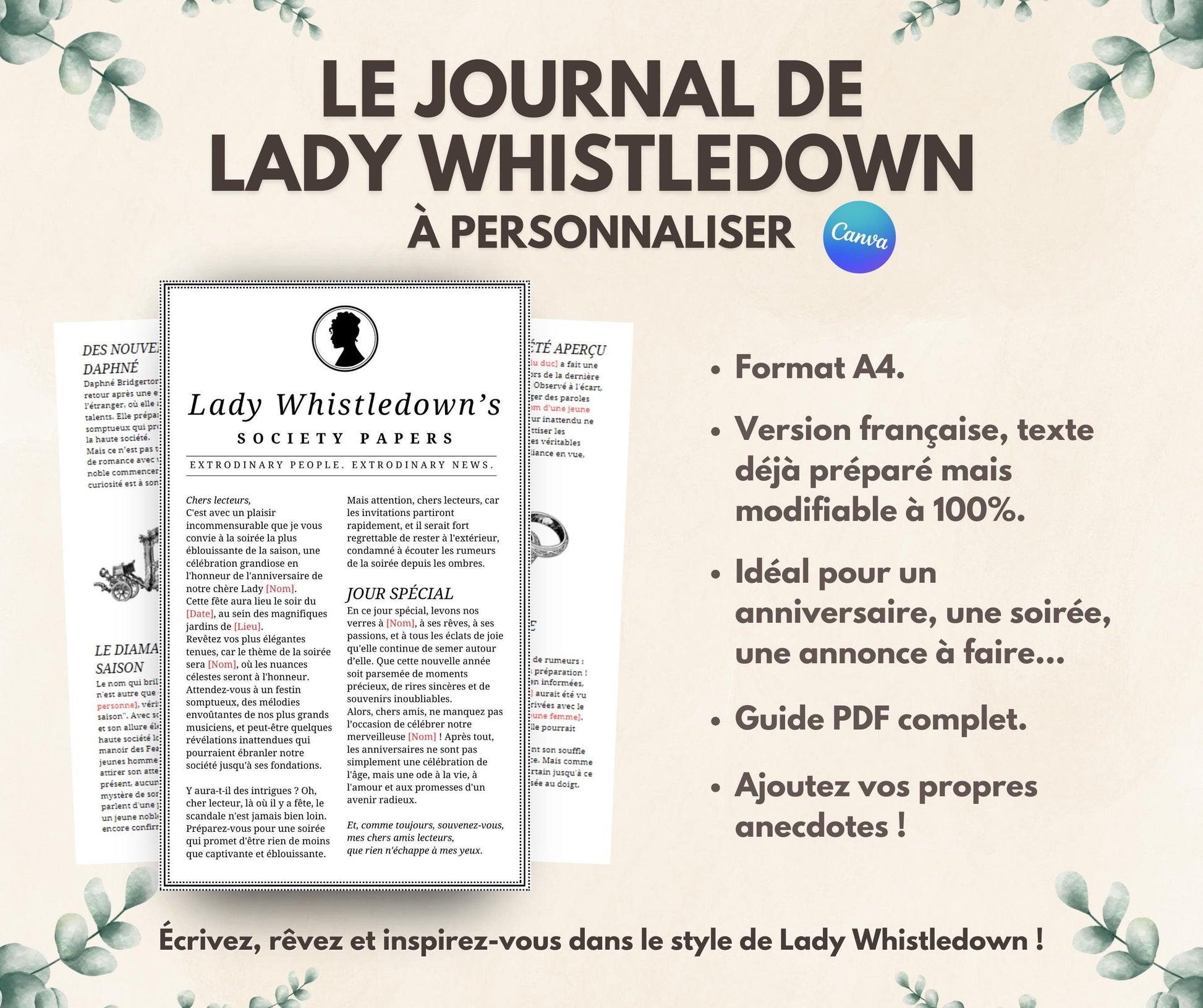 Modèle de journal Lady Whistledown, template, journal d'anniversaire numérique, bestie society, Dearest Gentle Reader, cadeau Bridgerton