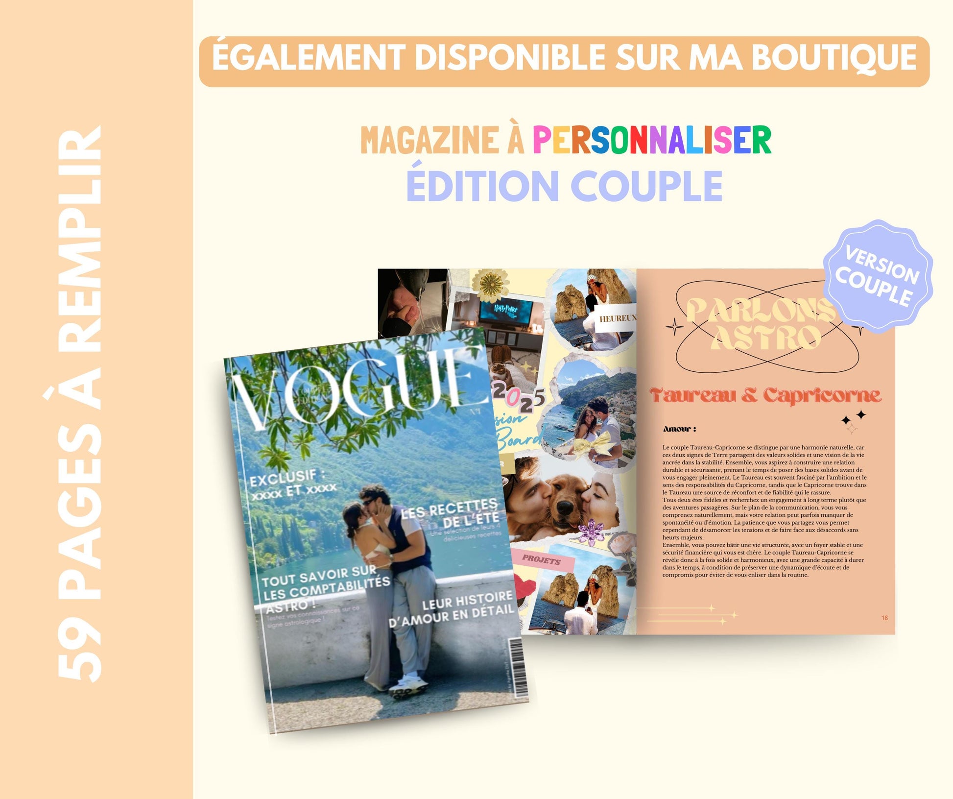 Modèle de Magazine à personnaliser dans Canva pour ses amis, bestie, bff, couple, anniversaire, mariage. Magazine amitié, astrologie, jeux..