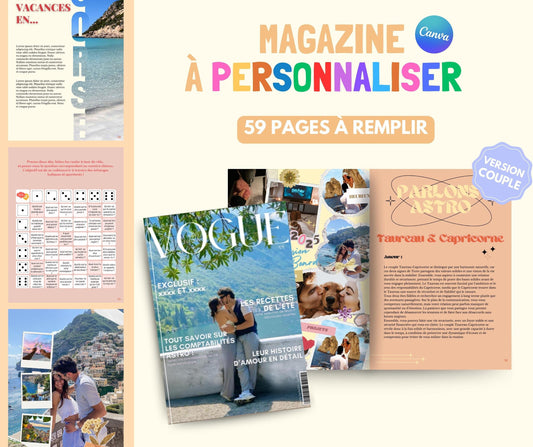 Modèle de Magazine à personnaliser Canva couple, anniversaire, mariage. Template astrologie, jeux, recettes, vacances
