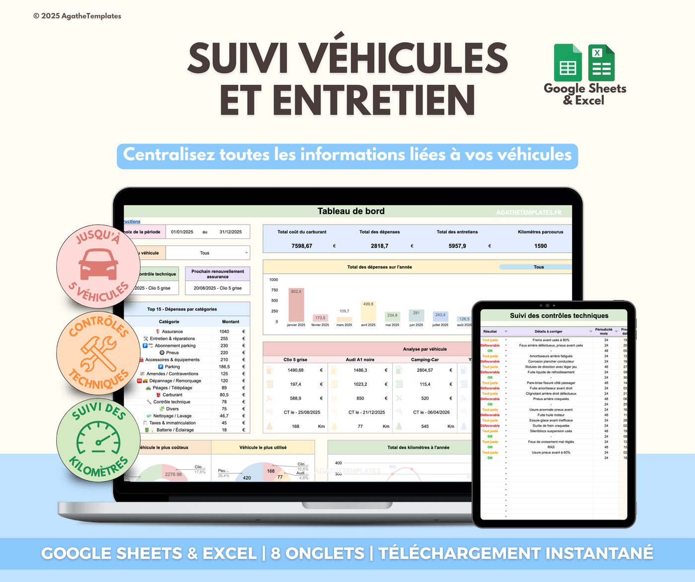 Carnet entretien voiture Google Sheets et Excel
