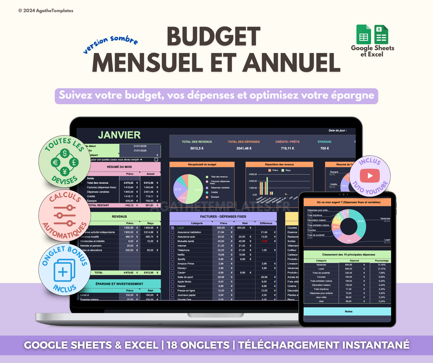 Budget mensuel et annuel sombre