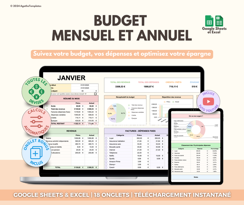 Budget mensuel et annuel Google Sheets et Excel template