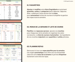 Onglets paramètres, menus de la semaine et planning repas avec liste de courses automatisée