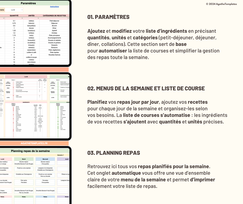 Onglets paramètres, menus de la semaine et planning repas avec liste de courses automatisée