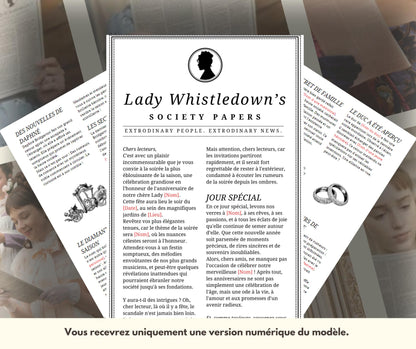 Modèle de journal Lady Whistledown, template, journal d'anniversaire numérique, bestie society, Dearest Gentle Reader, cadeau Bridgerton