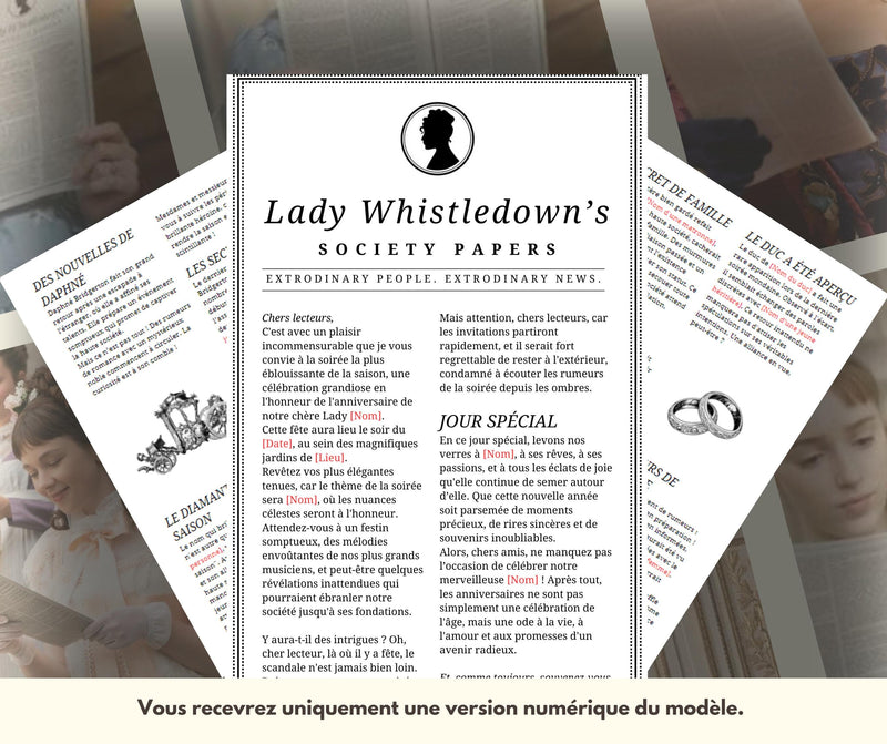 Modèle de journal Lady Whistledown, template, journal d'anniversaire numérique, bestie society, Dearest Gentle Reader, cadeau Bridgerton