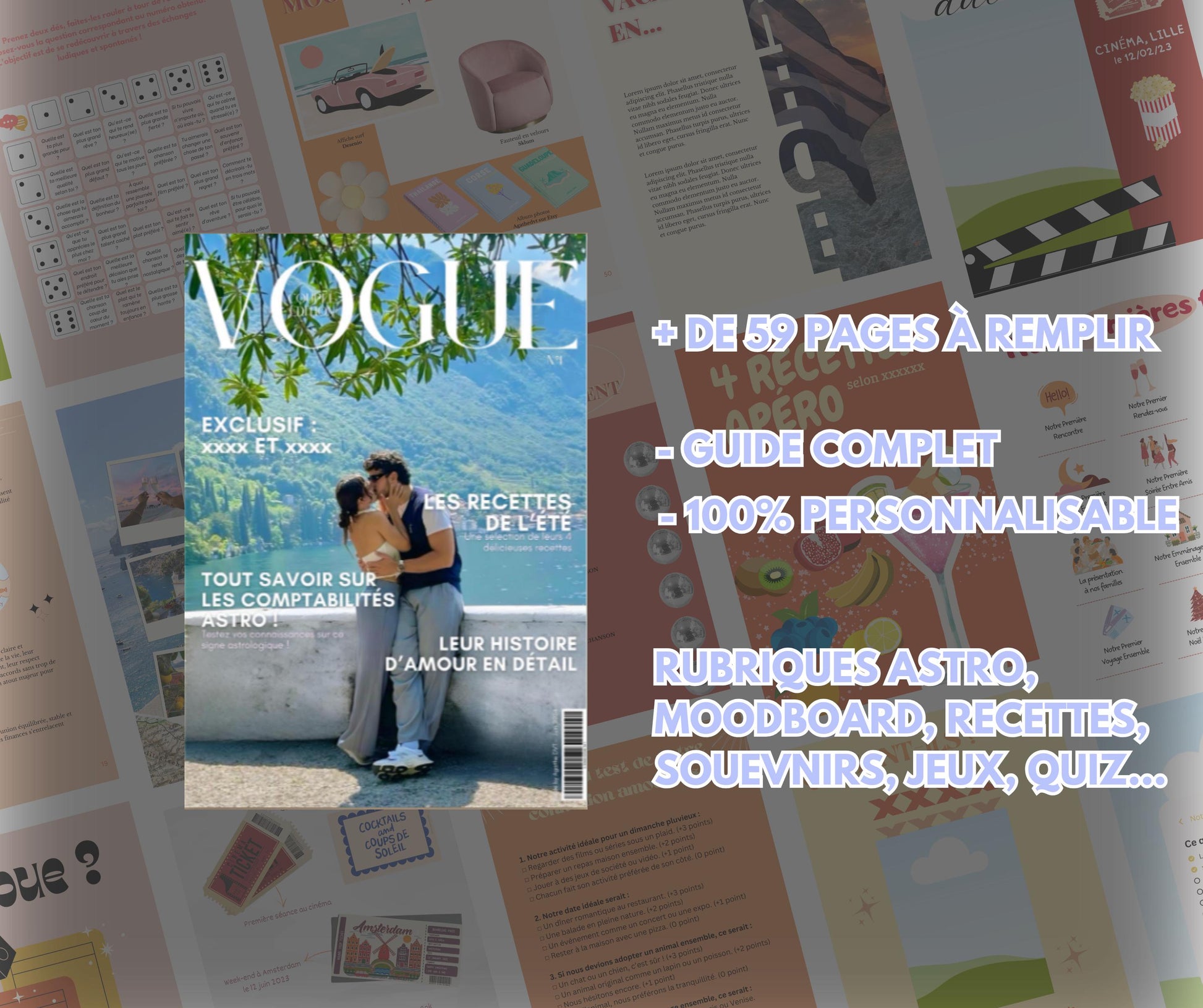 Modèle de Magazine à personnaliser Canva couple, anniversaire, mariage. Template astrologie, jeux, recettes, vacances