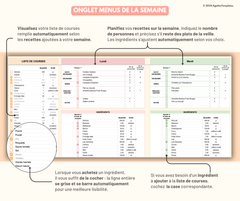 Menus de la semaine jour par jour avec ingrédients et liste de courses qui se remplit automatiquement