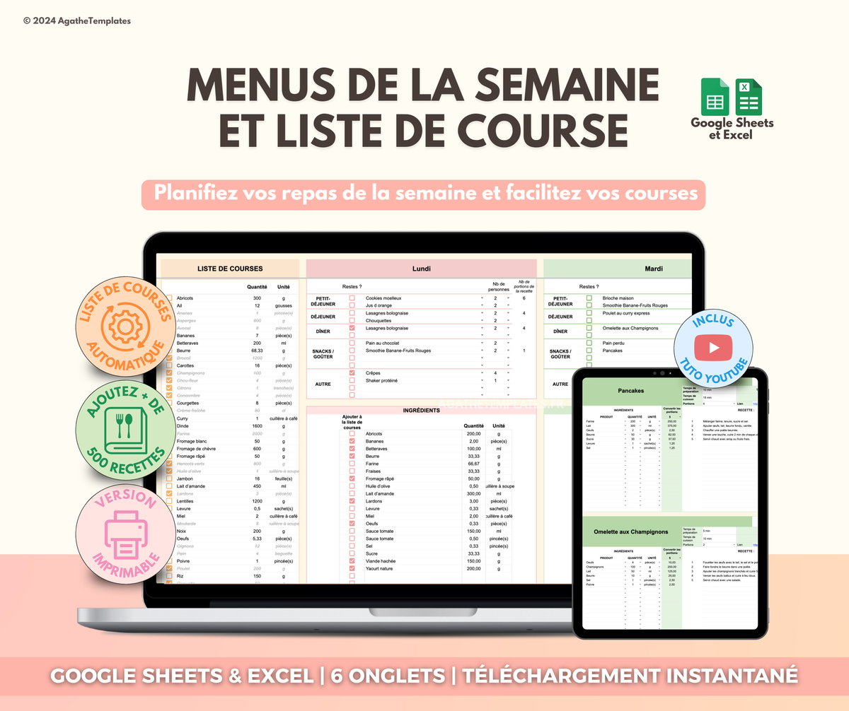 Planificateur de repas et liste de courses sur Google Sheets et Excel