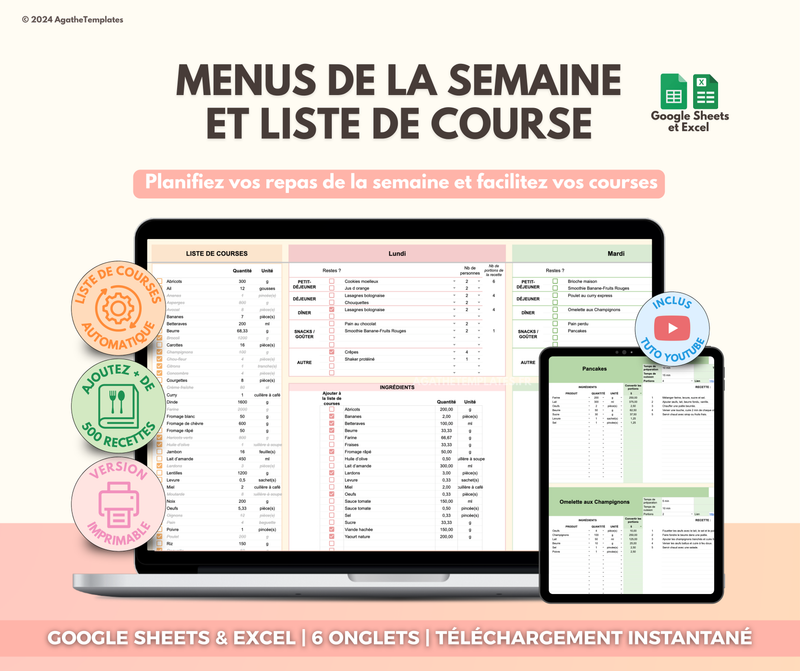 Planificateur de repas et liste de courses sur Google Sheets et Excel