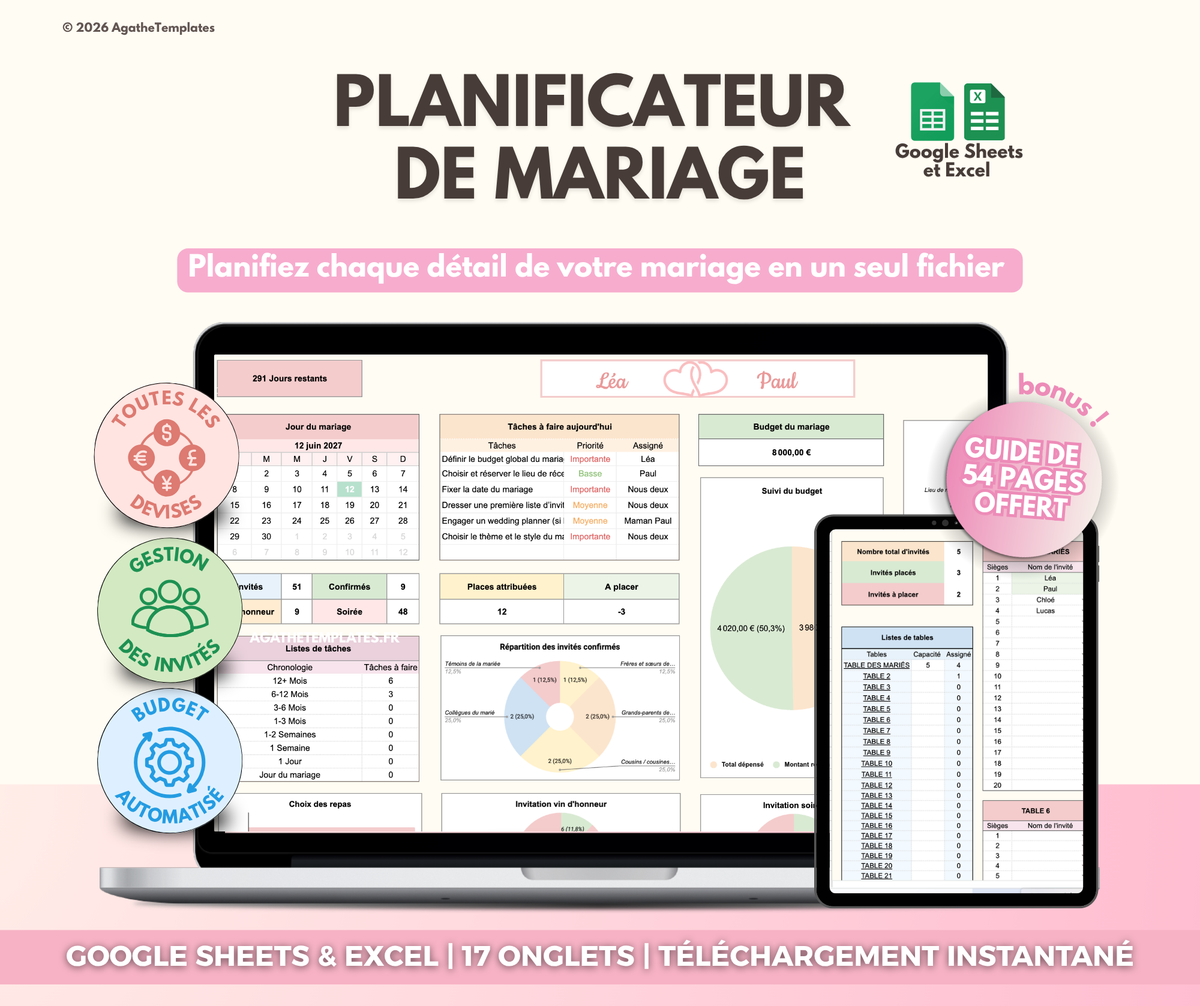 Mockup du planificateur de mariage sur Google Sheets et Excel avec compte à rebours, budget et liste des invités
