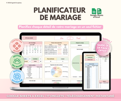 Mockup du planificateur de mariage sur Google Sheets et Excel avec compte à rebours, budget et liste des invités