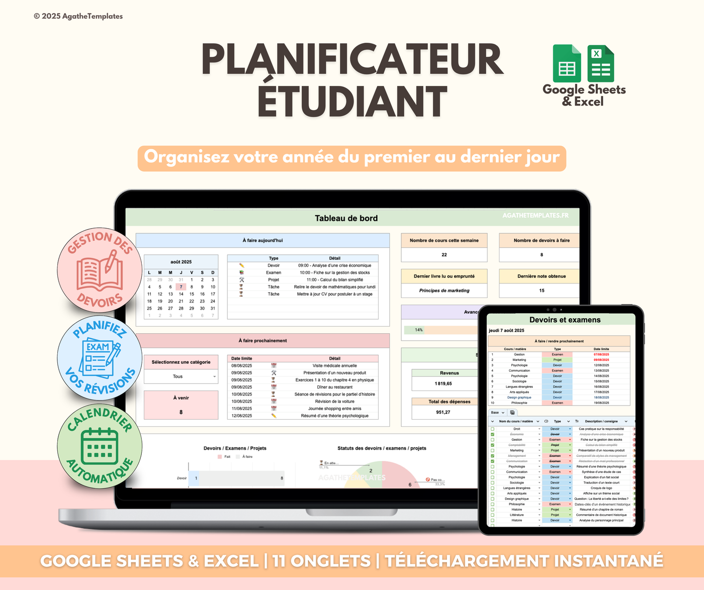 Planificateur étudiant Google Sheets et Excel