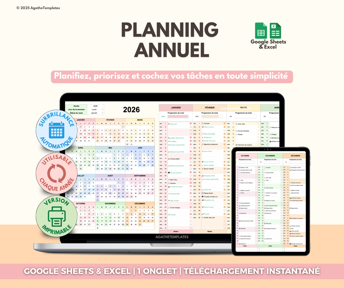 Planning annuel sur Google Sheets et Excel avec calendrier 2026 coloré affiché sur ordinateur et tablette
