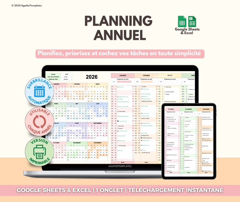 Planning annuel sur Google Sheets et Excel avec calendrier 2026 coloré affiché sur ordinateur et tablette