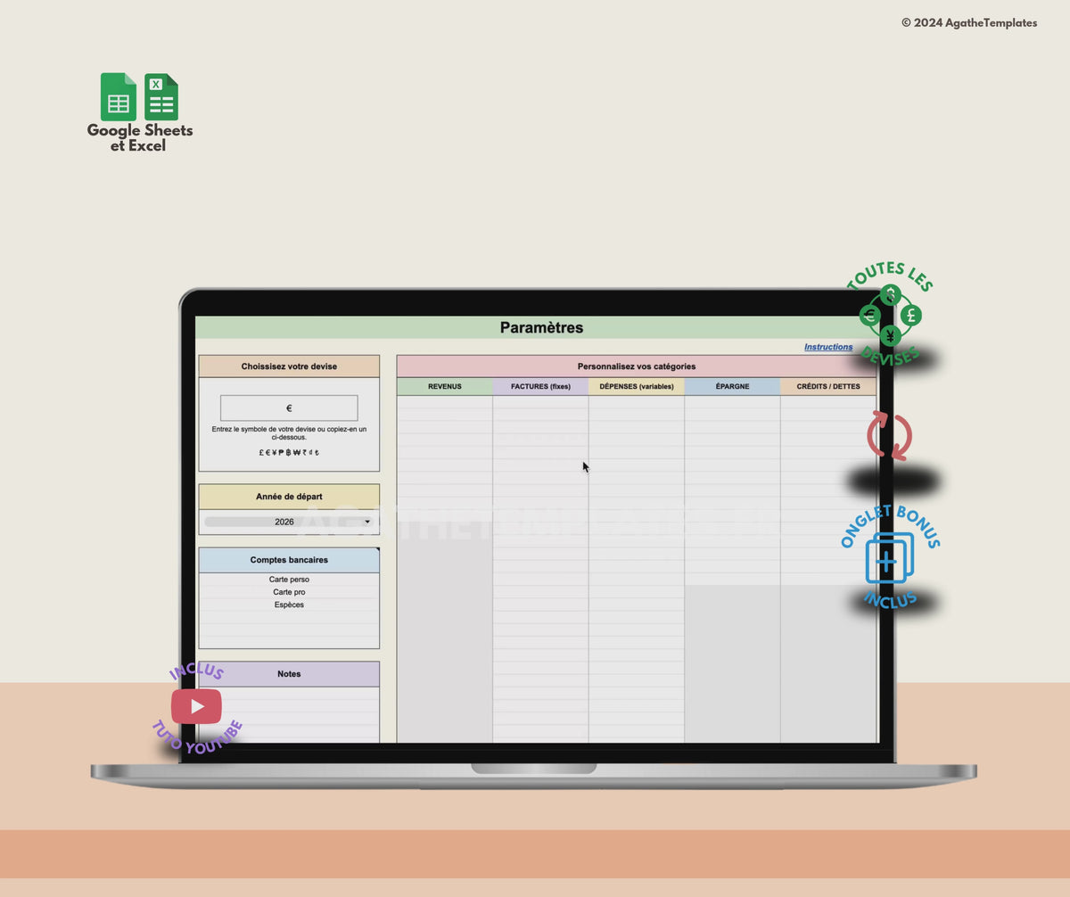 Budget mensuel et annuel Google Sheets et Excel tuto video