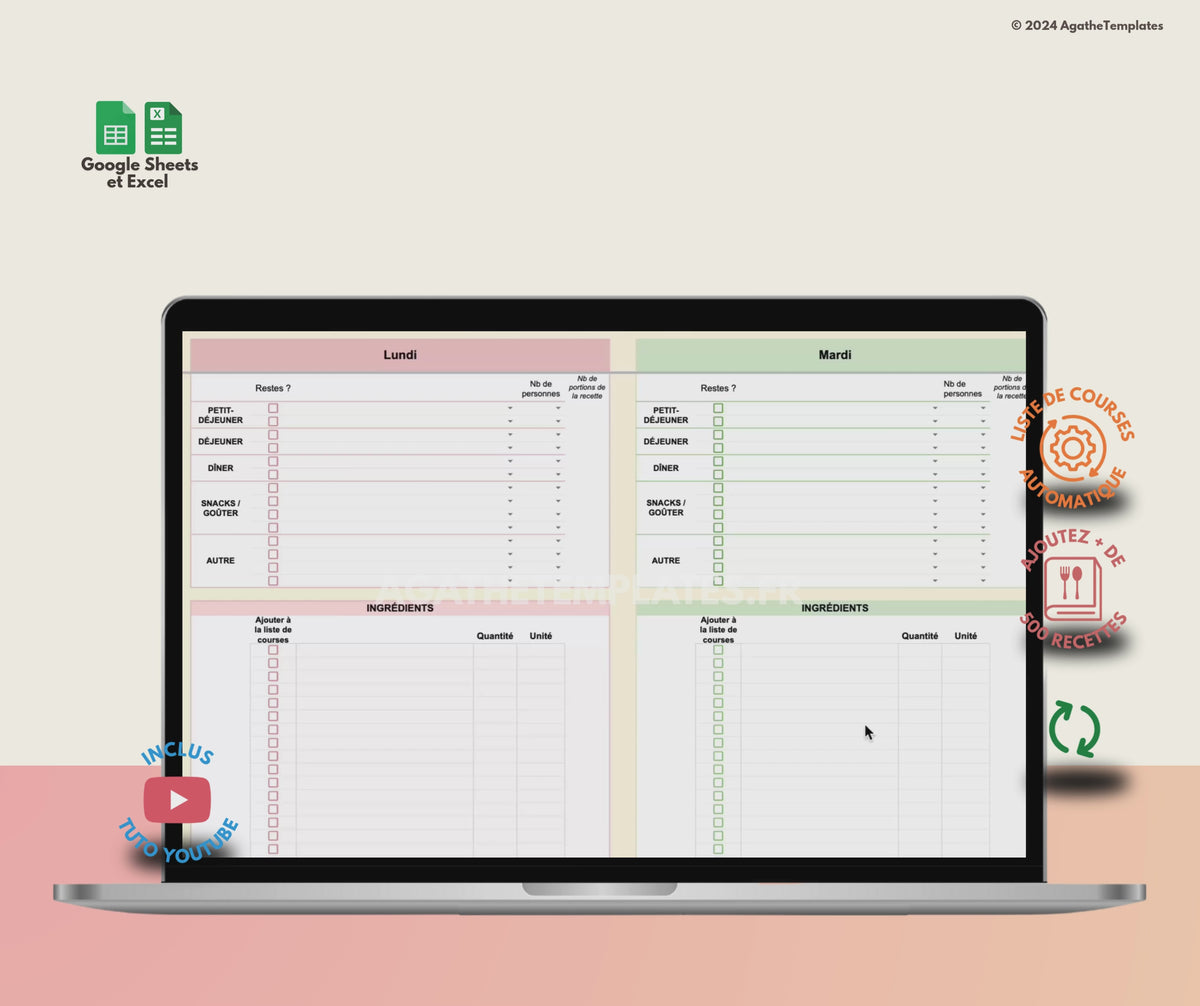 Planning de menus de la semaine pour organiser ses repas sur Google Sheets et Excel
