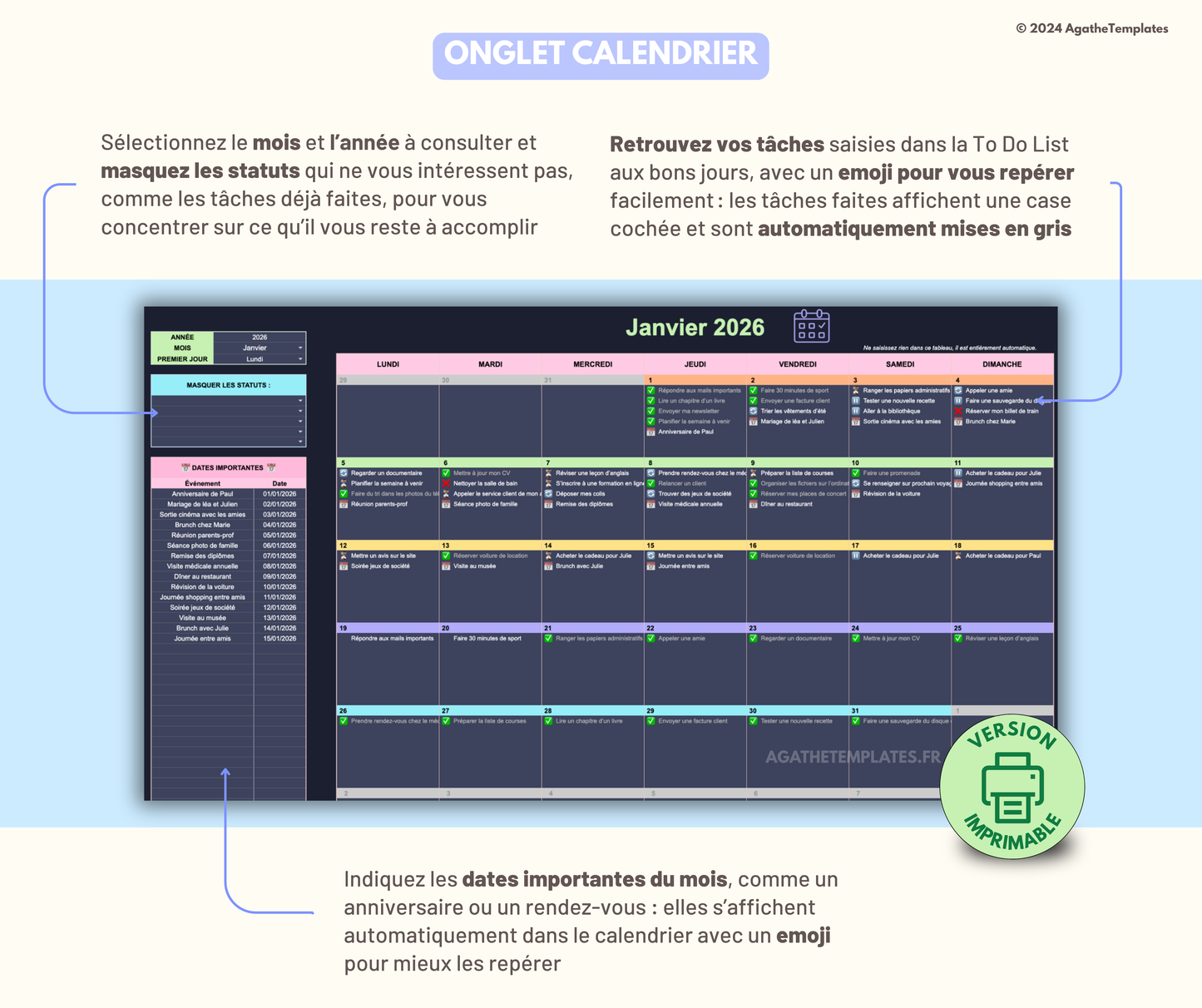 To Do List et calendrier automatisé sombre
