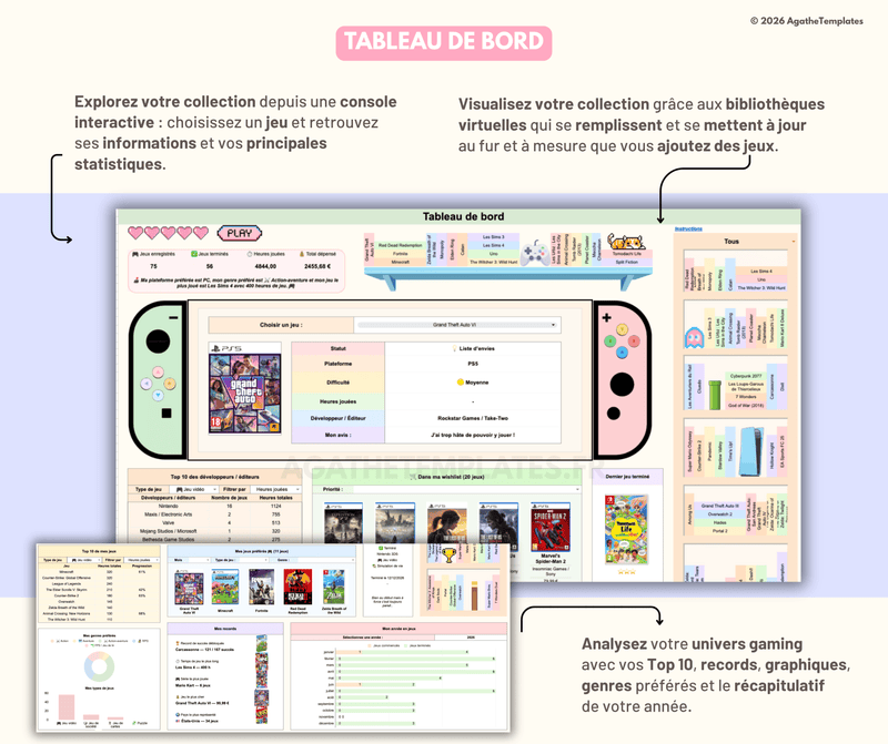 Tableau de bord gaming avec statistiques et graphiques