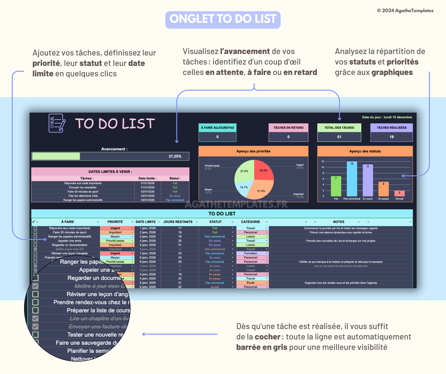 To Do List et calendrier automatisé sombre